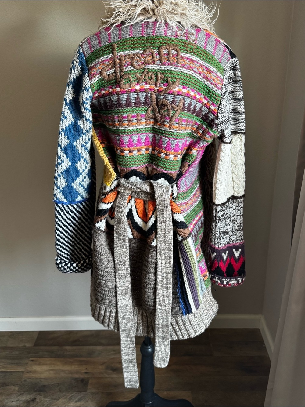 Desigual Multicolor Knit Cardigan with Cream Faux-Fur Trim - Picture 2 of 6